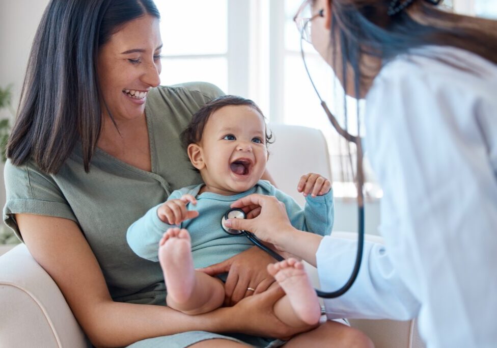 Mother,,Baby,And,Stethoscope,Of,Pediatrician,For,Healthcare,Consulting,,Check